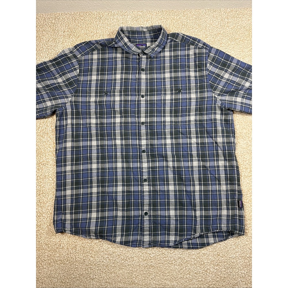 Patagonia Shirt Mens 2XL Blue Plaid Long Sleeve Button Up Organic Cotton Casual